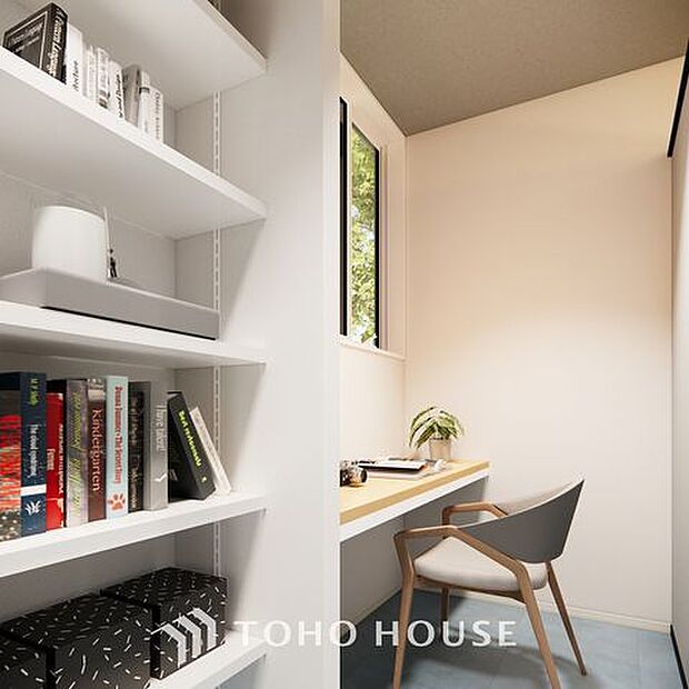 「ワークスペース」(パース)リビングの一部には、スタディコーナーがございます。パソコンスペースや家事スペース・お子さんの勉強スペースなど使い勝手は様々です。