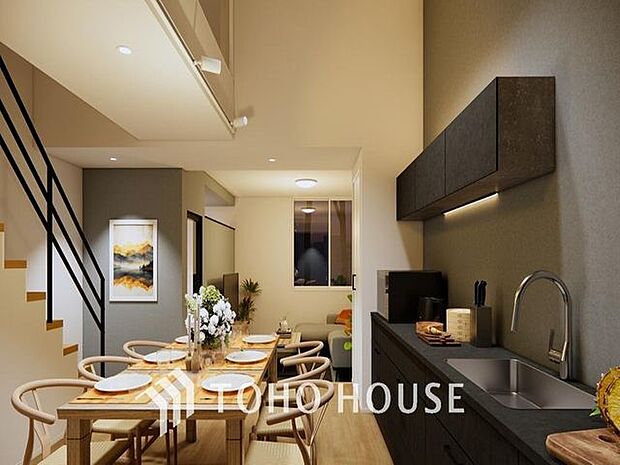 「リビングダイニング」(パース)家族の会話や笑顔が行き交うリビングで、大きなソファやダイニングテーブルでゆったり食事をしたりくつろぎたい。そんな夢が叶えられる空間です。