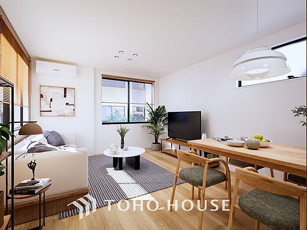 「のんびり過ごせるLDK」(パース)朝は爽やかな日差しを浴びながら、家族みんなでおいしい朝食。昼下がりには読書やお昼寝でもしながらのんびりと過ごすひと時。家族が集まる空間を、一番明るい空間に。