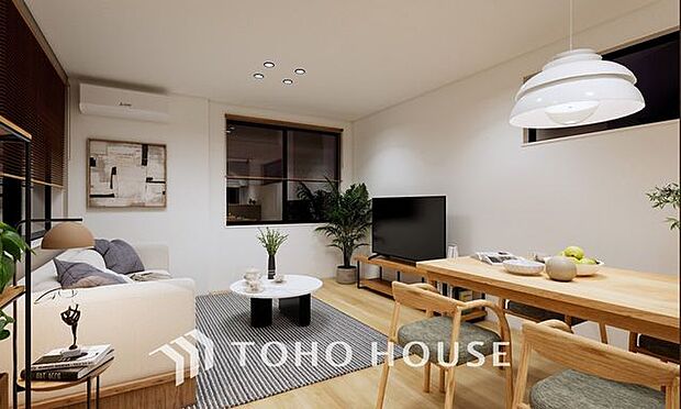 「居心地の良いリビング」(パース)居心地の良いリビングダイニングには自然と家族みんなが集まってきます。明るく穏やかな空気のなかで飲んだり、食べたり、笑ったり。