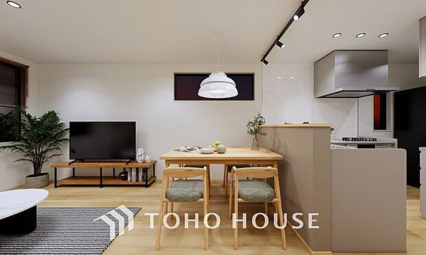 「家族団欒の寛ぎ空間」(パース)LDKでは家族が集まり一緒の時間を過ごせる工夫がされております。何気ない一日の当たり前のひとコマがいつか一生の宝物になります。