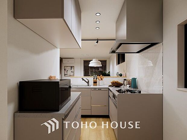 「キッチン」(パース)優しい温もりを醸し出すカウンターキッチンは料理の為の配慮を散りばめられた仕様です。家事をしながらリビングの様子を見守れる安心感もあります。