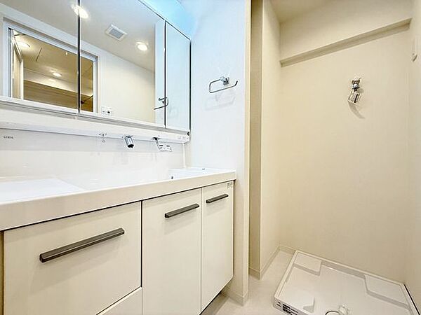 「リフォーム済・洗面台」大きな鏡で朝の準備もばっちり。収納も多く、洗剤など日用品の保管にも便利です。