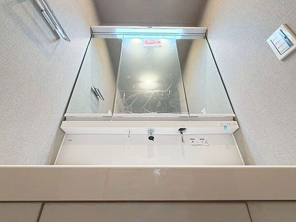 「シャワー機能付きの洗面台」シャワー機能付きの洗面台にはワイドな三面鏡、使いやすい横長ボウル、スマートに収まる収納と充実しています。あわただしい朝の洗面タイムに心強い設備です。