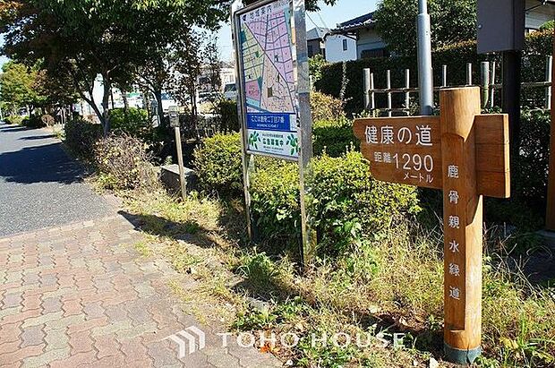 徒歩5分。鹿骨親水緑道 380m