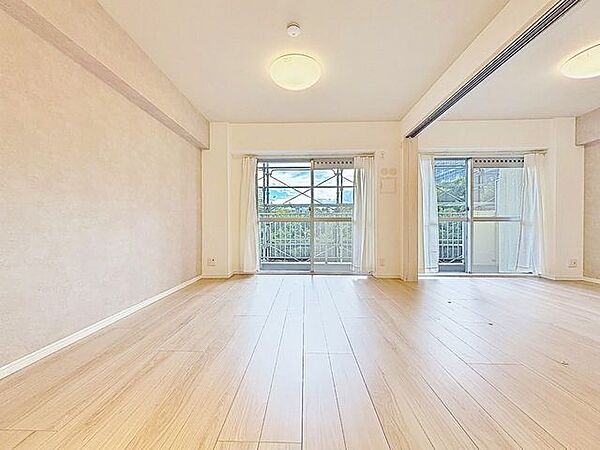 「スライドドアを採用した住まい」スライドドアを開け放し、大型リビングにも。2WAY利用ができるのは嬉しいメリットです。