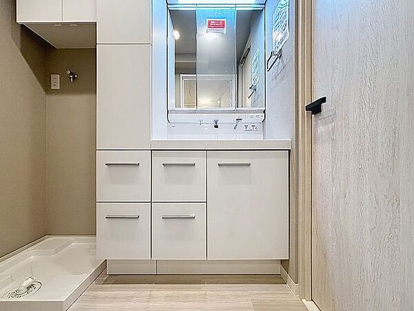 「シャワー機能付きの洗面台」シャワー機能付きの洗面台にはワイドな三面鏡、使いやすい横長ボウル、スマートに収まる収納と充実しています。あわただしい朝の洗面タイムに心強い設備です。