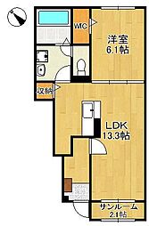 ハーベスト　II 1階1LDKの間取り
