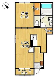 ニューライズ苅田　II 1階1LDKの間取り