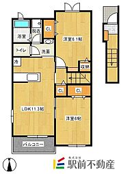 JR鹿児島本線 荒尾駅 徒歩22分の賃貸アパート 2階2LDKの間取り