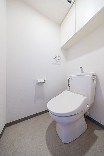 トイレの上部には収納付。トイレットペーパー等、買い置きもしやすそうです。