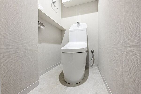 トイレの上部には収納付き。トイレットペーパー等、買い置きもしやすそうです。