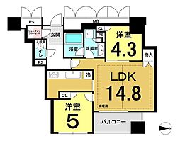 ローレルタワー御堂筋本町 2LDKの間取図画像