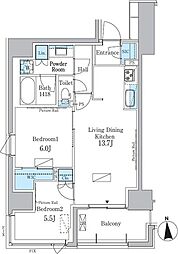 パークアクシス新宿百人町 5階2LDKの間取り