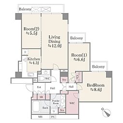 小石川パークタワー 7階3LDKの間取り