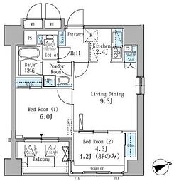 パークアクシス駒込 3階2LDKの間取り