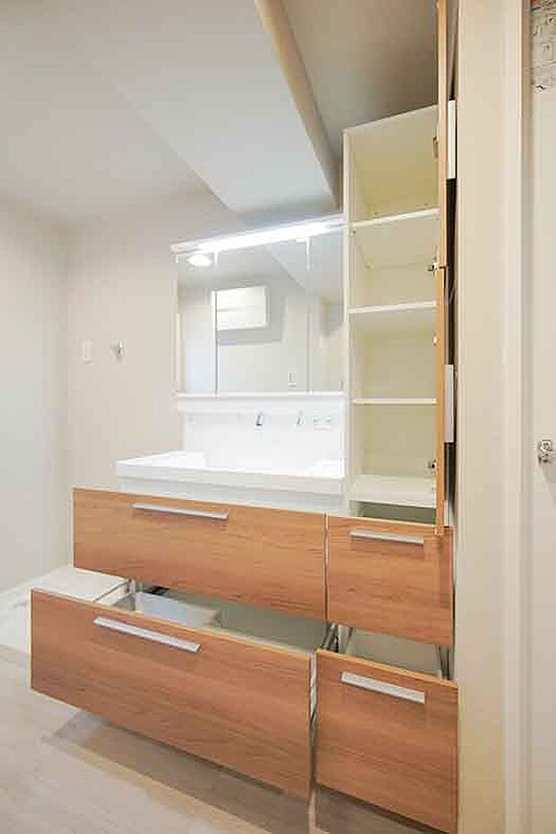 鏡裏収納とリネン庫を備えたゆとりのある洗面化粧台