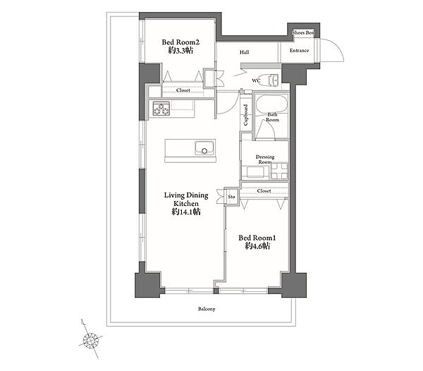 広々L字バルコニーに面した、南西・北西向きの角部屋。