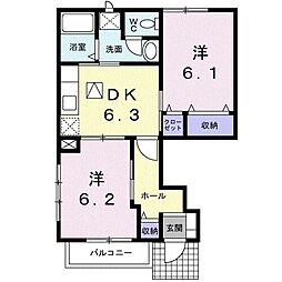 セーリウス梅原 2DKの間取図画像