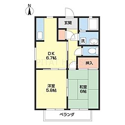 グリーンルーフのうがわ 2DKの間取図画像