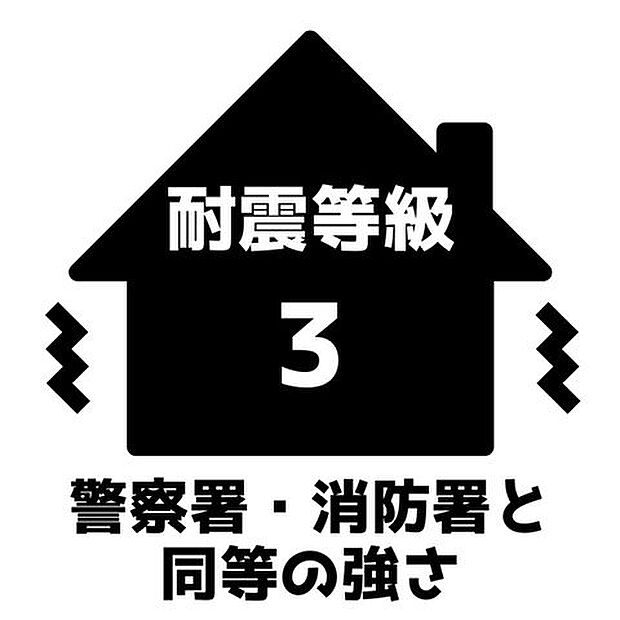 耐震等級3（消防署や警察署などと同等の強度をもつ住宅）、建築基準法の1.5倍の地震に強いおうち。