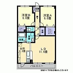フォブール竹原 2階2LDKの間取り