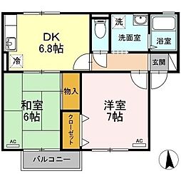 セジュール北久米 2DKの間取図画像