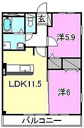 フォブール来住2 2LDKの間取図画像