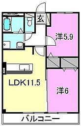 フォブール来住2 2LDKの間取図画像
