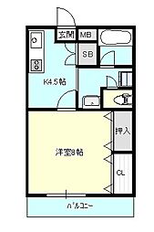 コーラルビル 3階1Kの間取り