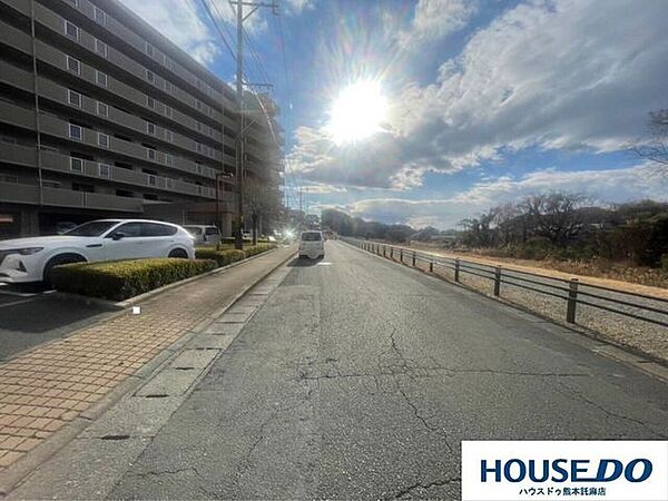 歩行者スペースがあるマンション前面道路です。