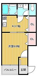 四條畷市中野新町アパート 1DKの間取図画像