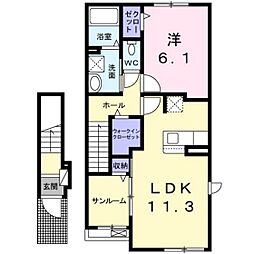 オアシス　八本松　Ａ 2階1LDKの間取り