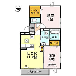 プリメーラ城ヶ丘上　I 1階2LDKの間取り