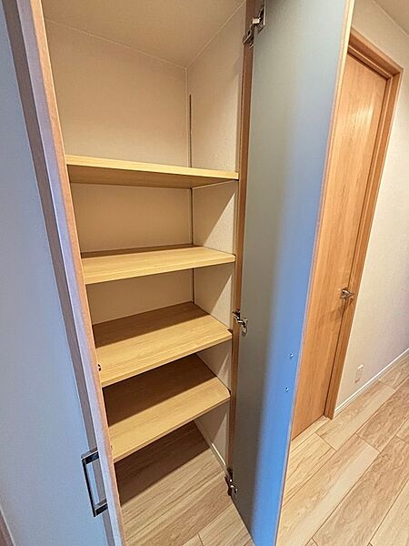 廊下の収納は、どの部屋からも取り出しやすく、消耗品のストックに便利です。