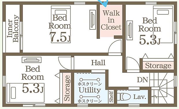 主寝室には便利なウォークインクローゼットつき。