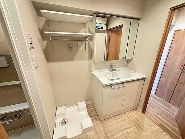 脱衣スペースも広々、三面鏡やタオル掛けなど、設備も充実。