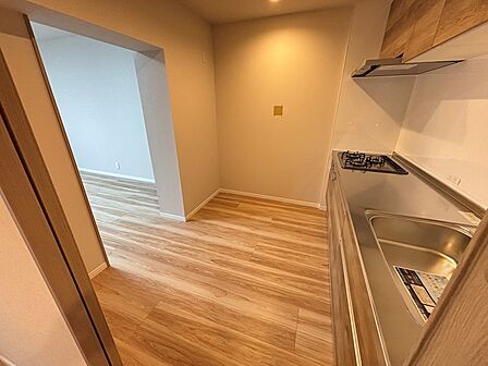 キッチンは廊下、リビングと出入りができ動線◎