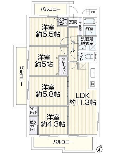 4部屋の個室があり家族それぞれのプライベート空間確保可能！3面バルコニーで開放的な間取りです♪