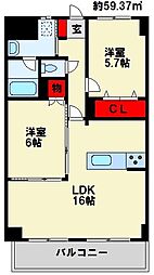 COMFORT SQUARE LUXE 9階2LDKの間取り