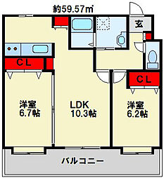 ニューリバー九工大駅前 2LDKの間取図画像