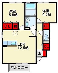 サニーヒルズ迫田 2LDKの間取図画像