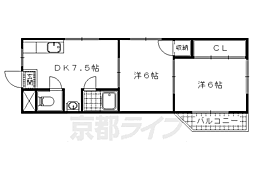 京阪京津線 四宮駅 徒歩8分の賃貸マンション 1階2DKの間取り