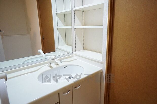 大きな鏡の付いた洗面台です。収納スペースも十分に確保されています＾＾