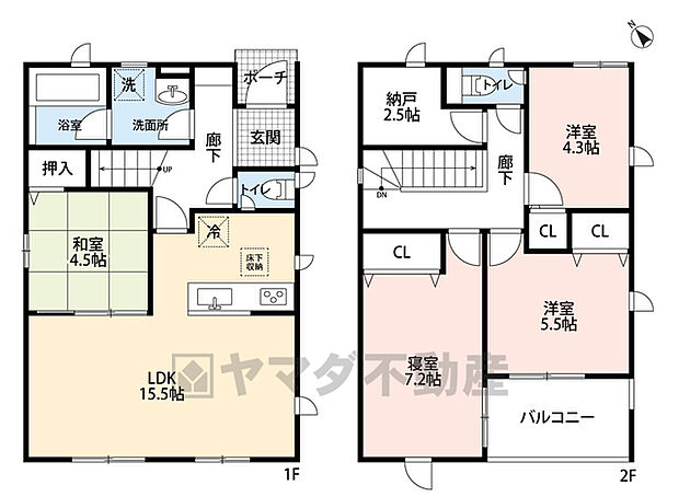 和室含む4LDK。1階はLDKと和室、2階には3洋室と独立した納戸付き＾＾