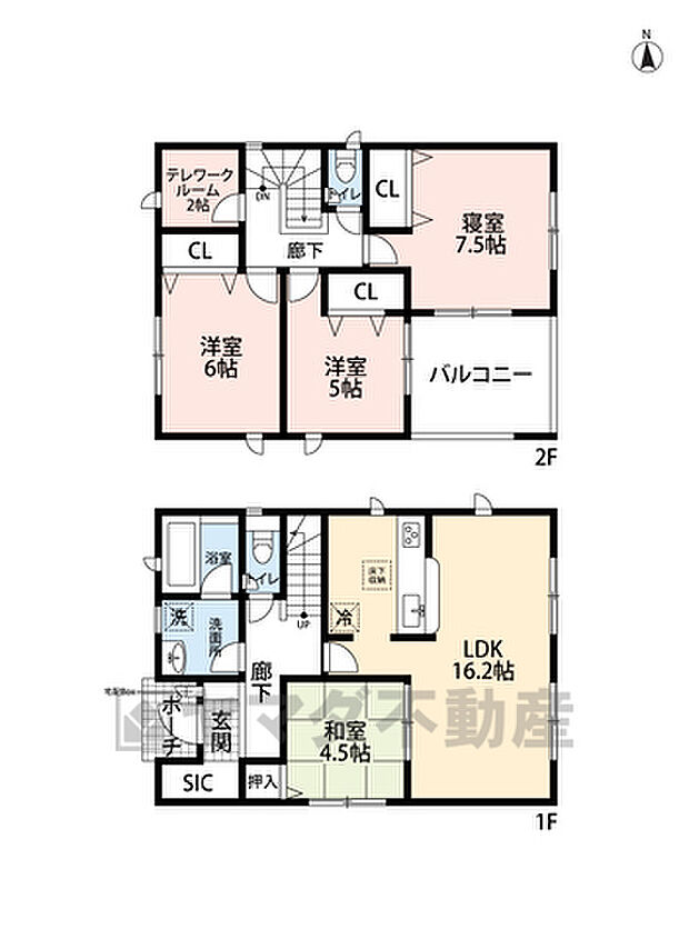 1階にはLDKと洋風和室が隣接。使い勝手もいいですね。独立型のテレワークルーム(2帖)や、幅広のインナーバルコニー付きです。