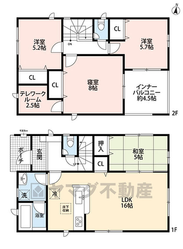 和室含む4LDK。 1階はLDKと隣接する和室を合わせると約21帖の広々空間＾＾ 主寝室は広々約8帖に2.5帖のテレワークルーム付き＾＾