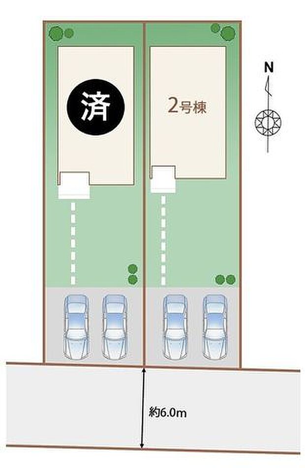 こちらは2号棟です(^^)/駐車スペース2台分と同じくらいの広さのお庭を完備！南向きで日当たりも確保できますね◎