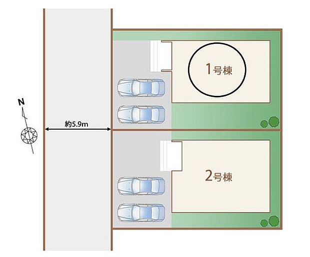 【1号棟】玄関アプローチ+ゆったり2台分に駐車スペースあり◎南向きにお庭もあります( ^)o(^ )