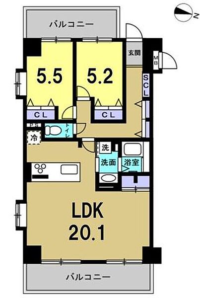 【2LDK】リビング広々20帖！二面バルコニーで開放感のあるお住まい♪